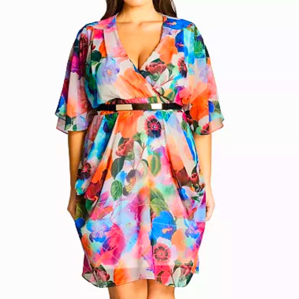 CITY CHIC Trendy Multi Color Floral Printed V Neck  Faux Wrap Dress Sz XXL (22)